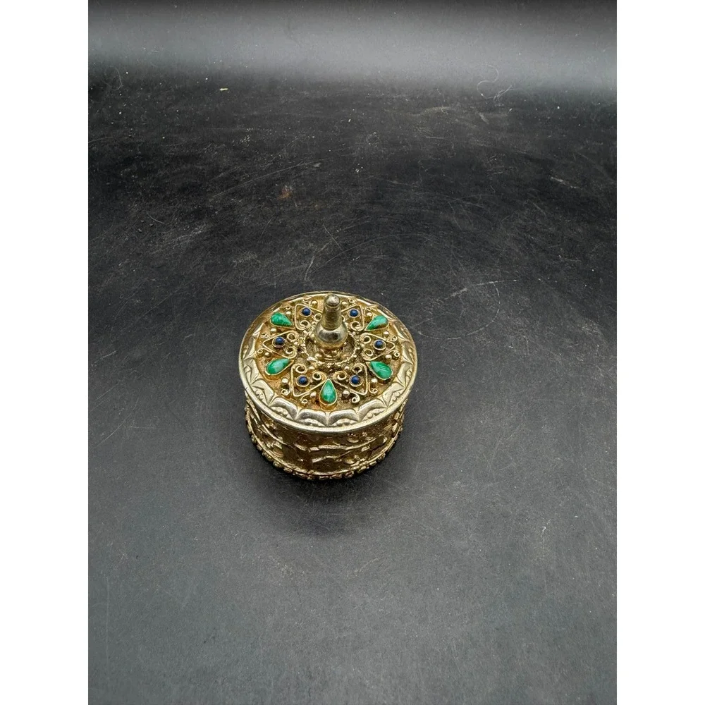 Vintage‎ Florenza Gold Tone Gemstone Box Faux Turquoise Blue Cabochon Filigree